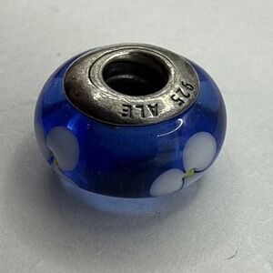 Pandora S925 ALE Murano Glass Blue White Flowers Charm 790609 Sterling Silver